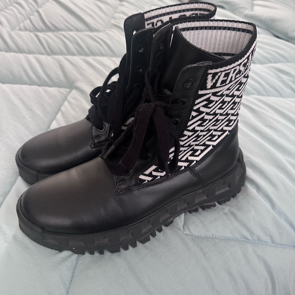 Versace Black and White Combat Boots with Geometric Pattern